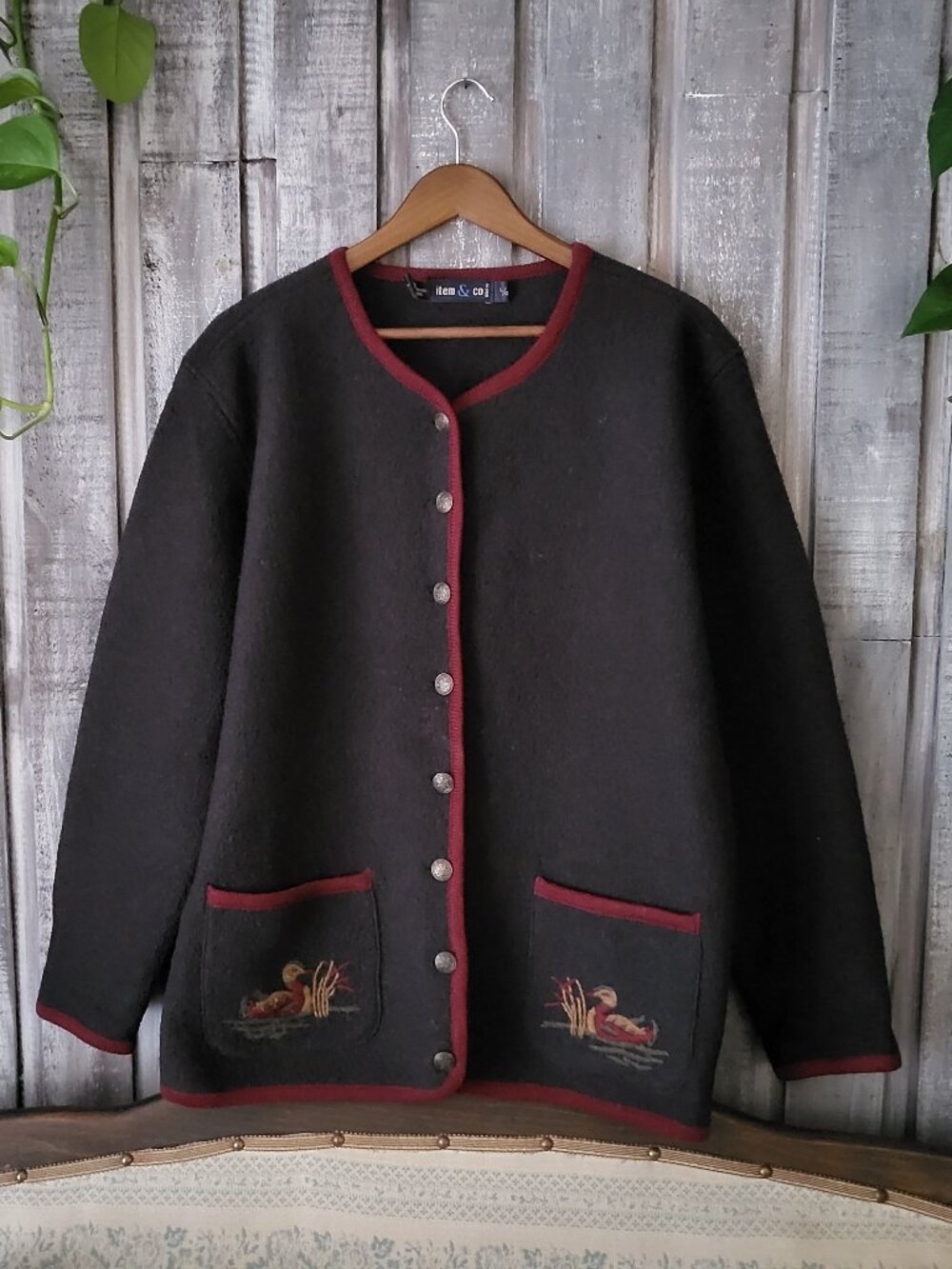 Vintage 80s Wool Cardigan Jacket Mallard Duck Embroidered Coat L Item & Co